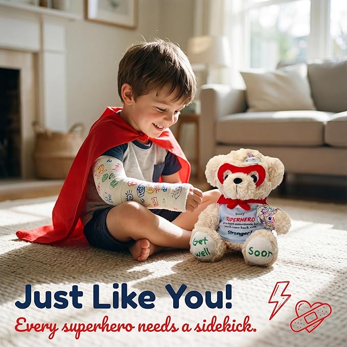 Broken Arm Gifts for Kids, Superhero Get Well Soon Bear with Switchable Cast (Fits Left or Right Arm), 8 Inch Stuffed Animal for Surgery Recovery, Broken Wrist, Tonsillectomy, Brave Boys & Girl