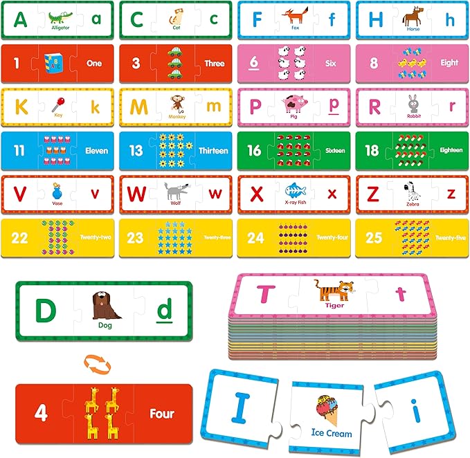 Alphabet & Number Puzzles, 26 Self-Correcting Matching Puzzle Set, 3-Piece Double-Sided Puzzle Cards, Educational Game for Kindergarten Readiness, Preschool Learning Activities, Homeschool Supplies