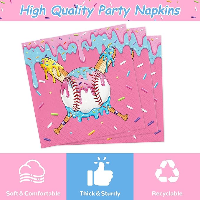 168PCS Ice Cream Drip Baseball Birthday Party Decorations & Favors - Serves 24 | Disposable Tableware: Baseball Plates, Napkins, Cups | Sports/Birthday Party Supplies