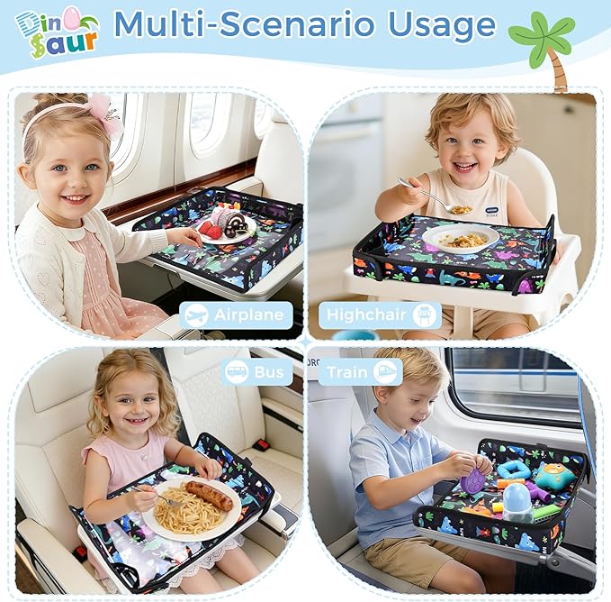 COOLBEBE Airplane Tray Table Cover Foldable Travel Tray Cover for Toddlers 1-3 Universal Fit for Airplane, Car Seat, High Chair Machine Washable, Portable Black Dinosaur