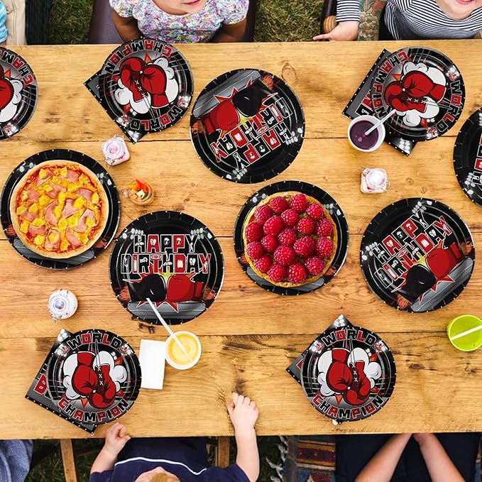 Grencian 96Pcs Boxing Birthday Party Supplies World Champion Plates and Napkins Fight Sports Wrestling Tableware Set for Boxing Birthday Party Supplies Serves 24