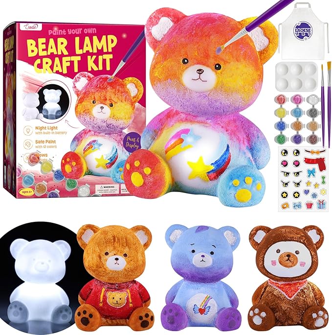 LAOESE Paint Your Own Bear Lamp Kit, Art Supplies Bear Painting Kit for Kids 6-12, Arts and Crafts for Kids Ages 8-12, Bear Toy Girls Boys Birthday Gifts for Kids Ages 3 4 5 6 7 8 9 10 11 12+