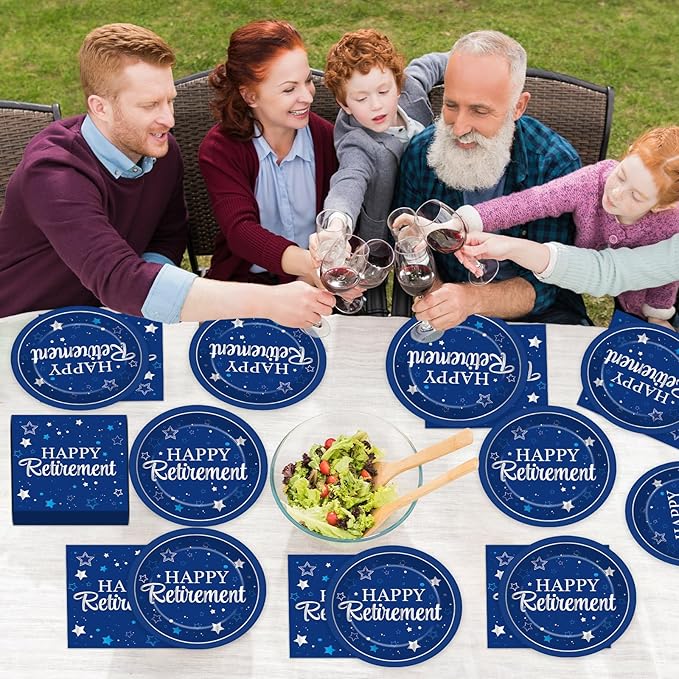 Qyeahkj 48Pcs Happy Retirement Paper Plates and Napkins Retirement Party Decoration Farewell Party Supplies Blue Silver Disposable Paper Dessert Tableware Set for Women Men Leaving Graduation Serve 25