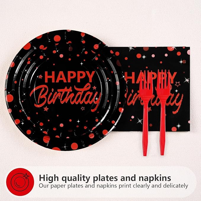 Grencian 96Pcs Red and Black Birthday Party Decorations Red Polka Dots on Black Paper Plates and Napkins Disposable Dessert Tableware for Men Women Birthday Party Graduation Decorations 2026 Serves 24