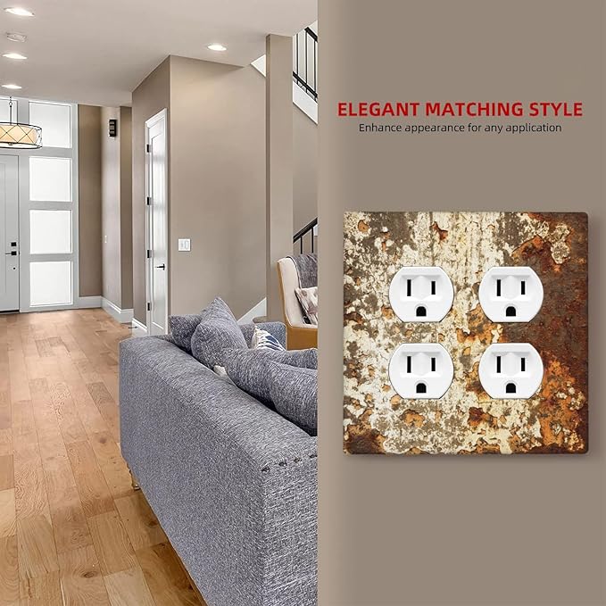 Outlet Covers Vintage Metal Rust Texture Peeling Paint 2 Gang Double Duplex Decorative Light Switch Covers Electrical Wallplates Socket Faceplate For Farmhouse Cabin Decor