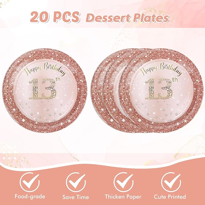 13th Birthday Party Decorations for Girls, Rose Gold Birthday Supplies Include 20Pcs Dinner Plates, 20Pcs Dessert Plates, 20Pieces Napkins and 2 Tablecloth, Sweet Thirteen Party Tableware