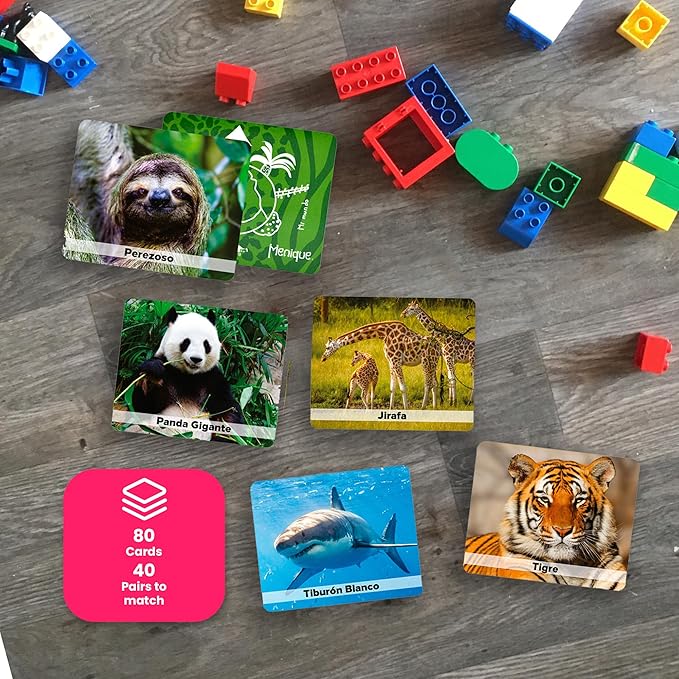 Menique Wild Animals Memory Matching Game – Spanish Edition – 80 Cards (40 Pairs) with Real Photos – Educational Game in Spanish for Kids and Adults – Includes Booklet