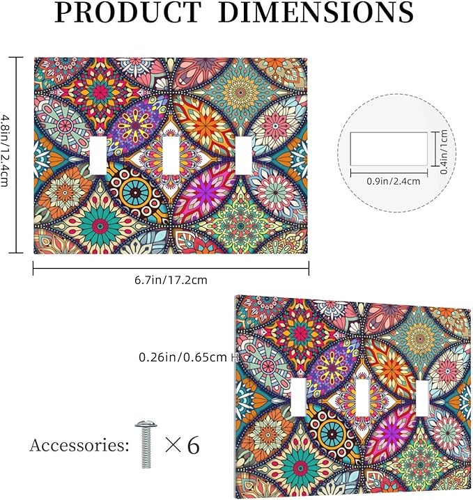 Boho Floral Pretty Colorful Mandala Flowers Decorative Switch Plates 3 Gang Wall Plate Triple Toggle Light Switch Cover Faceplate Electrical Wall Panels for Bedroom Living Room Decor