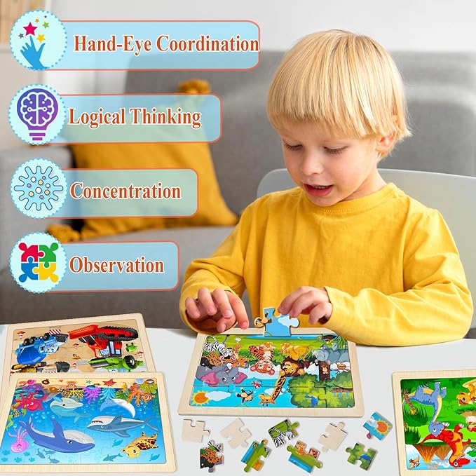 Wooden Puzzles for Kids Ages 4-6, 4 Pack with 24 Pieces Dinosaur, Animal, Ocean, Vehicle Wooden Puzzles for Toddlers Set, Educational & Learning Puzzles, Gifts for 3 4 5 6 Year Old Boys Girls