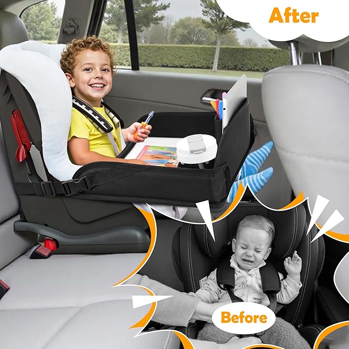 Kids Travel Tray for Toddler Carseat, Road Trip Activities Essentials for Toddler, Kids Lap Desk Tray with Tablet Holder Stand ＆ Dry Erase Board (Black)