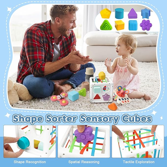6 in 1 Montessori Toys for Babies 6-12 Months Up - Incl Pull String Toy, Stacking Cups, Tissue Box, Suction Cup Spinner, Stacking Blocks,Activity Cube, Baby Toys for 1 2 3 Year Old