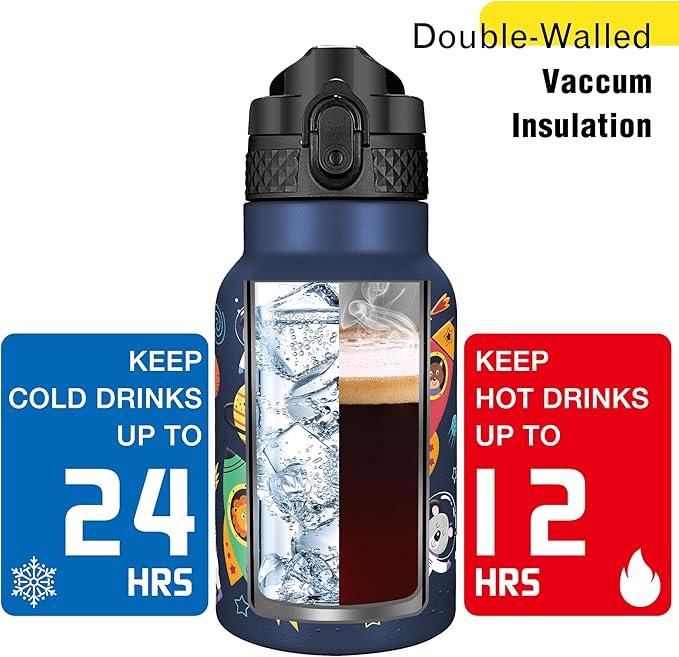 Han's Bottle Kids Water Bottle with Straw Lid - Insulated Stainless Steel Reusable Tumbler for Girls,Boys,Thermo Mug,12oz,Cosmic Animals