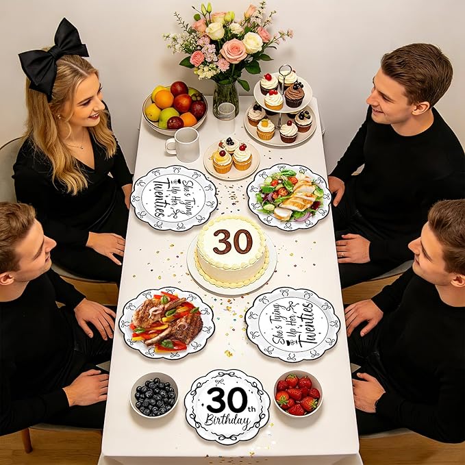 96Pcs Black Bow 30th Birthday Party Decorations She's Tying up Her Twenties Plates and Napkins Scalloped Black and White Bow Tableware Set for 30 Years Old Women Rip 20s Birthday Supplies Serves 24