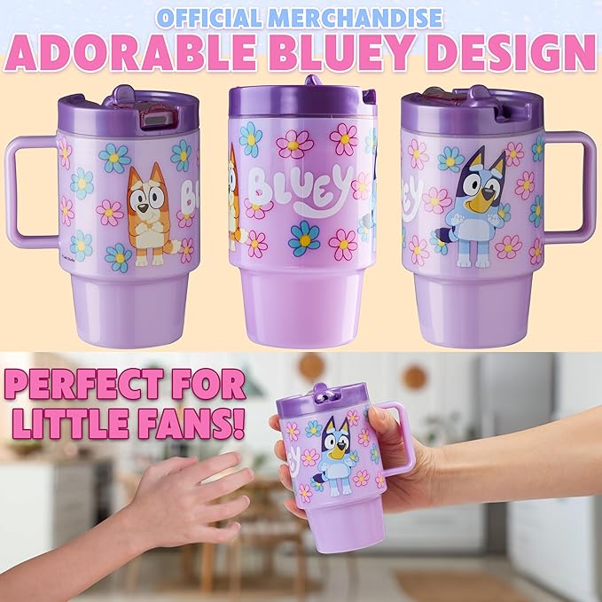 Get Trend Bluey Kids Water Bottle with Straw 16.9 oz BPA Free Plastic Cup with Lid Handle Reusable Drinking Tumbler for School Gifts for Kids (Purple Bluey)