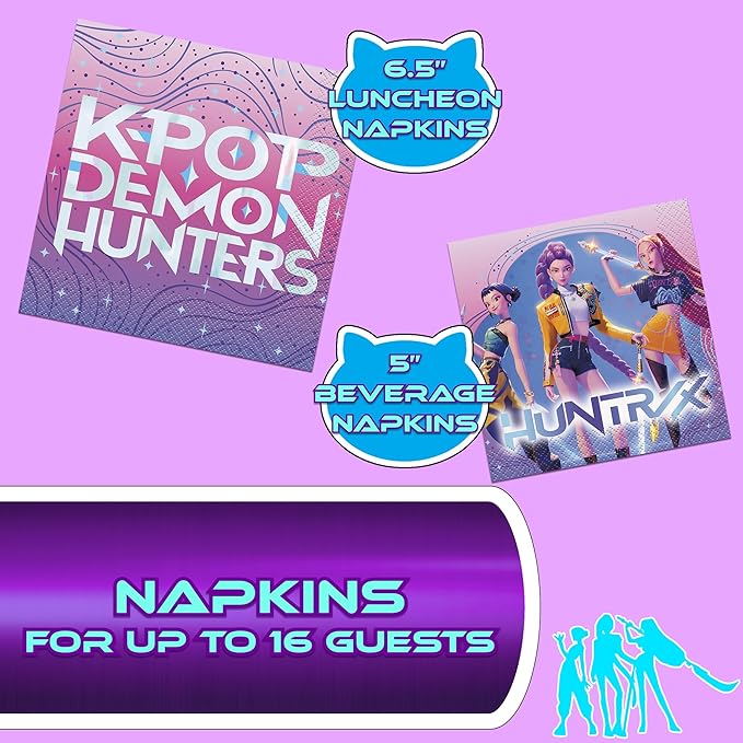 Unique K-Pop Demon Hunters Party Supplies | Complete Tableware Set | Serves 16 | Officially Licensed | Plates, Cups, Napkins, And Cutlery | Birthday Tableware For Kids, Buffets, Easy Cleanup