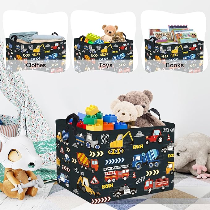 Clastyle City Car Baby Laundry Hamper Kid Storage Basket Boy Gift Toy Box Collapsible Clothes Organizer Nursery Bin for Bedroom,Fire Truck,40 * 30 * 30 cm