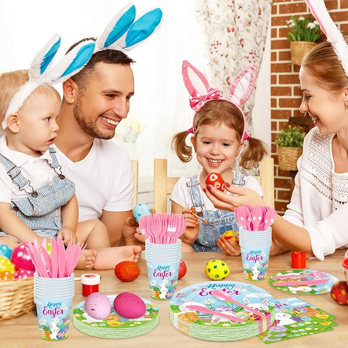 175 Pcs Easter Day Tableware Set - Serves 25, Happy Easter Bunny and Egg Disposable Plates, Cups, Napkins, Forks, Spoons, Knives for Spring Gatherings, and Kids' Birthday Party Supplies