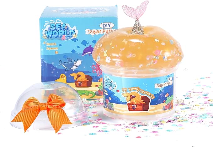 Ocean Mermaid Slime Kit with Ice Cream Tub, 8 OZ Crystal Slime, Mermaid Tail Charm, Glitter & Beads - Sensory Toys for Girls 8-12, Non-Sticky Slime Party Favors for Kids, Birthday Gifts