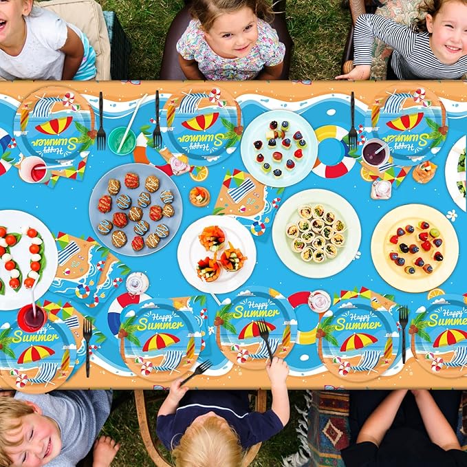 Summer Party Supplies Serves 24 Beach Luau Party Paper Plates Napkins Hawaiian Tablecloth Set Tableware Kit for Pool Party Birthday Tropical Dinner