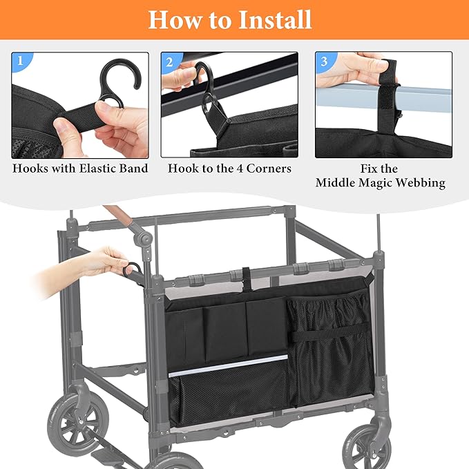 Stroller Wagon Cargo Net, Wagon Accessories Organizer Compatible with WONDERFOLD W-Series Models, Large Capacity Mesh Cargo Storage Bag with Sorting Pockets Compatible with Keenz Wagon, Black