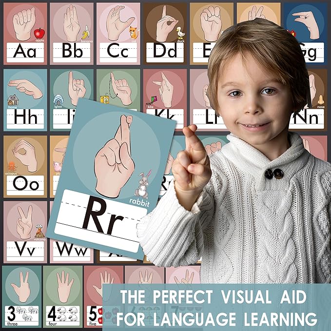 YIYDONG 36 Pieces ASL Alphabet Line Bulletin Board Set ABC Number Sign Language Flash Cards Wall Decorations for Pre-School Kindergarten Elementary Classroom Nursery Homeschool (Boho)