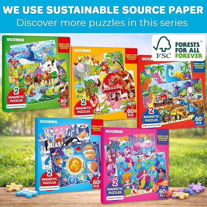 QUOKKA Magnetic Puzzles for Toddlers 3-5 – Search & Find 2 Pack, 60 Pieces Each – Travel Friendly Board with Hidden Objects, Mermaids and Unicorns Scenes – Educational Puzzle Gift for 3 Year Olds