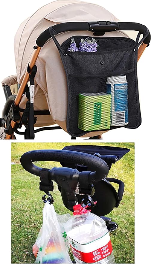 Umbrella Stroller Organizer With Two pockets for diapers, wipes,snacks and other necessities,Detachable Straps,with 2 extra Plastic Organizer Hooks (Pink)