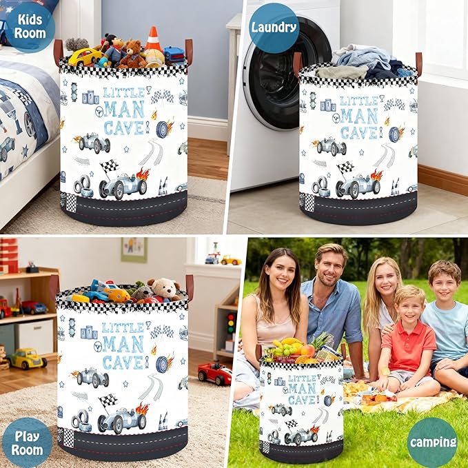 Car Themed Room Decor Laundry Basket, Kids Vintage Car Nursery Hamper,Tire Toy Box for Boys,Collapsible Clothes Book Organizer Bin for Baby,Christmas Gift(Vintage Blue,Round)