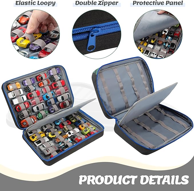 KISLANE Car Storage Case Organizer for 48 Vehicles – Portable 1:64 Scale Die-Cast Collection Carrying Case with Elastic Slots, Travel Storage Bag for Collectors, Black