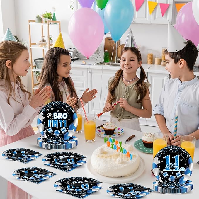 Qyeahkj 100 Pcs 11th Birthday Decorations for Boys Official Teen Supplies Plate Napkin Forks Set Disposable Blue 11th Birthday Tableware Paper Plates Dinnerware for Kids Teenager Favors Serve 25