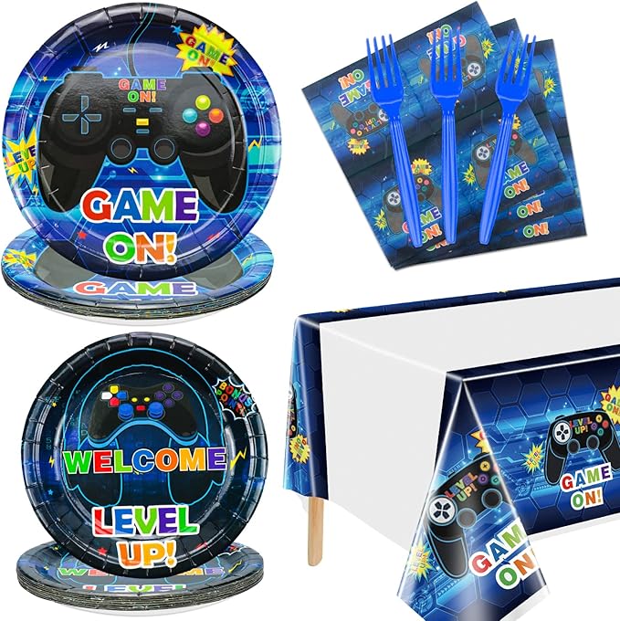 Video Game Party Supplies Serve 20-81Pcs Plates Napkins Tablecloth Forks Set for Boys Gaming Controller Party Decorations
