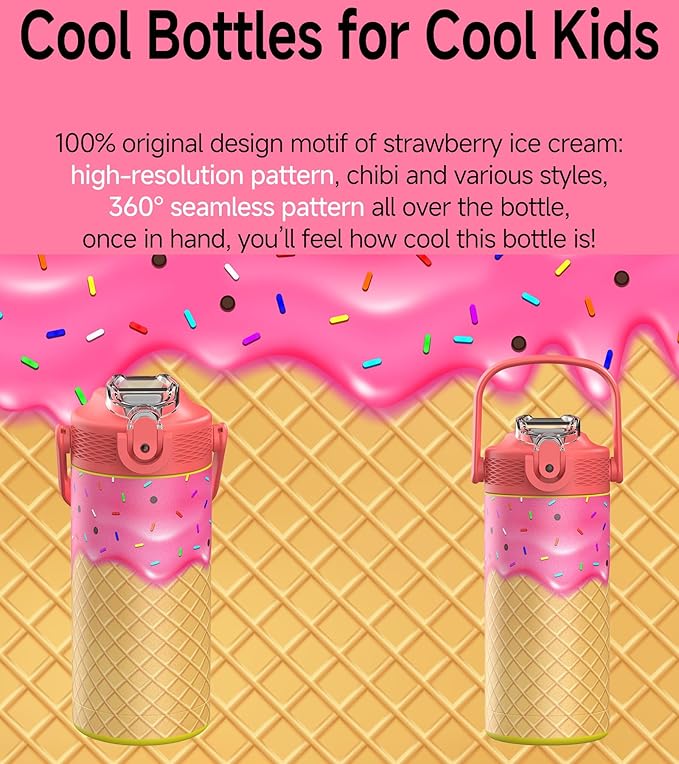 MYFOREST 14oz/400ml Insulated Kids Water Bottle, Odor-Free Surgical Grade Liner, Dishwasher-Safe, Name Spot, Soft Sipper, Gift for Sweet Tooth (Strawberry Ice Cream)