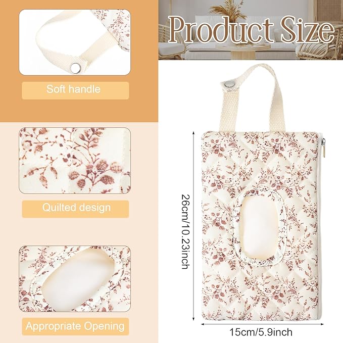 1 Pcs Quilted Diaper and Wipes Pouch Portable Hanging Floral Wet Wipe Bag Diaper Bag Reusable Wipes Pouch for for Stroller Car Travel Infant Diapering Organizer (Beige Floral)