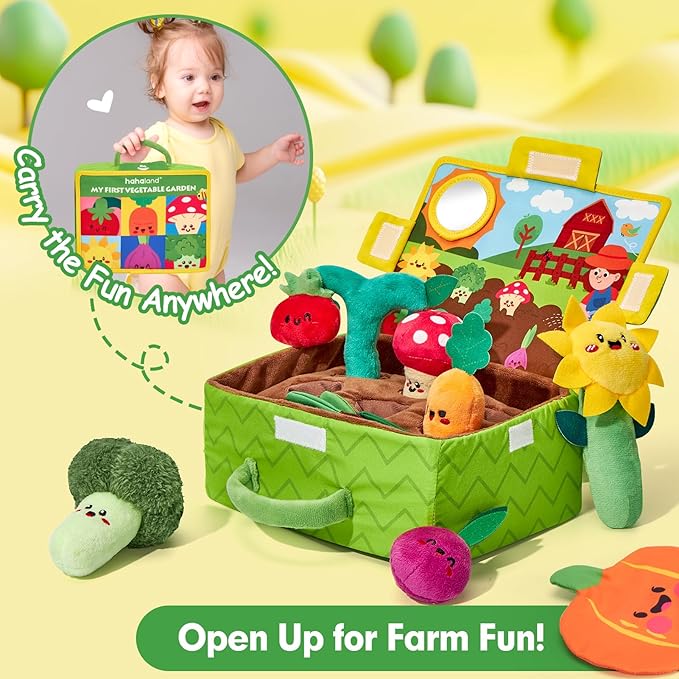 hahaland Baby Toys 6-12 Months - Fruits Vegetables Garden Plant Plush - 6 Month Old Toys Montessori Sensory Toy Carrot Flower with Rattles Mirror Squeaker Textures Crinkle Tissues, Baby Gifts 9 Month