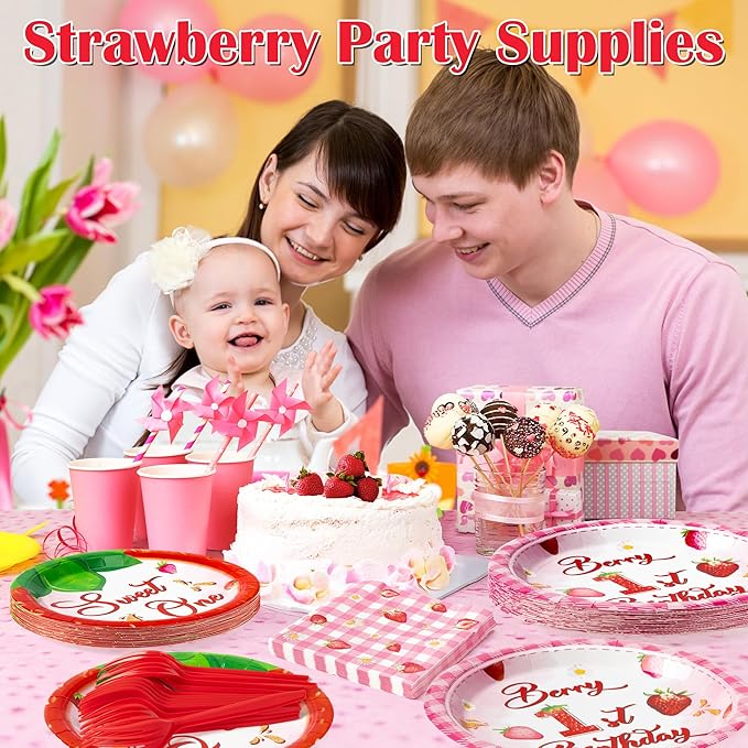 Berry First Birthday Party Decoration - 96Pcs Strawberry 1st Sweet One Plates Napkins Fork Tableware, Strawberry First Disposable Party Supplies for Girl 1st Birthday Baby Shower Table Decor, Serve 24