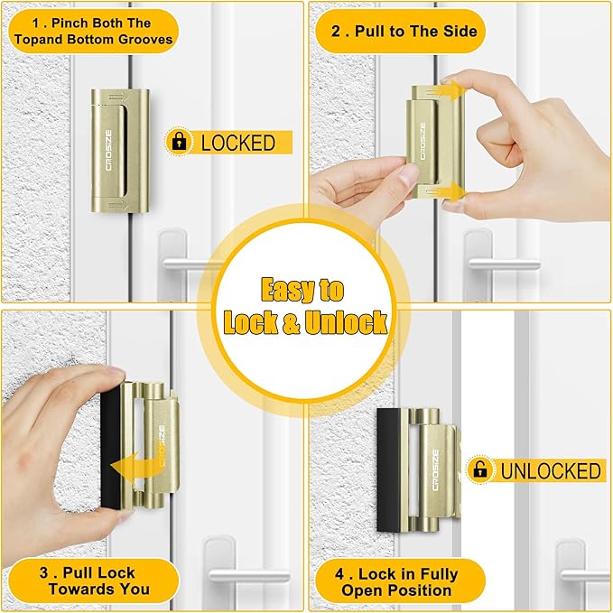 Home Security Door Locks 2 Pack, Metal Door Reinforcement Locks, 3" Withstands 1000 lbs of Impact for Inward Swing Doors, Defender Security Door Lock, Prevent Unauthorized Entry (Gold)