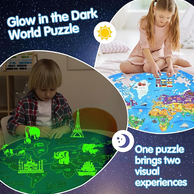 Glow in The Dark World Map Puzzles for Kids 4-6, 70 Pieces Large Globe Floor Puzzles for Kids Ages 6-8 Continents Geography Puzzle Educational Learning Toys for Children, Easter Gifts for Kids