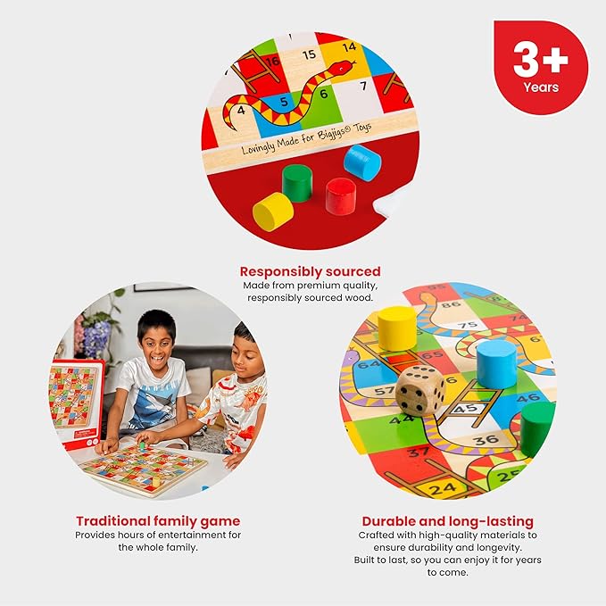 Bigjigs Toys Traditional Snakes and Ladders Game | 4 Player Wooden Board with Counters & Dice | Family Toy for Kids & Adults | Educational Tool for 3+ Year Old Children | Classic