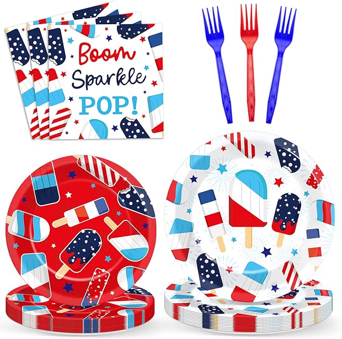 96Pcs Patriotic Party Supplies Summer Ice Pop Paper Plates and Napkins 4th of July Theme Disposable Tableware Set for American Independence Day Veterans Election Memorial Day Decor Serves 24