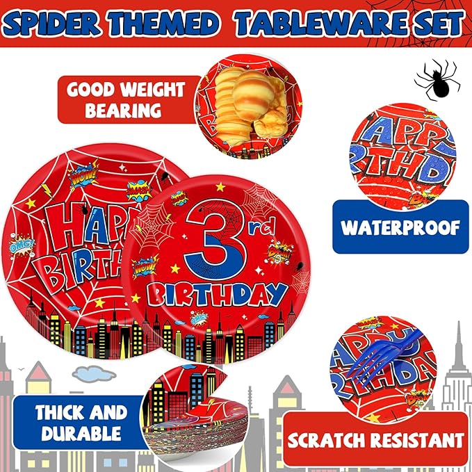 96Pcs Spider 3rd Birthday Party Decorations Cartoon Spider Theme Plates Napkins Red Blue Hero Tableware set Super Theme Hero 3rd Birthday Decoration Favors for Kids 3 Year Old Party Supplies Serve 24