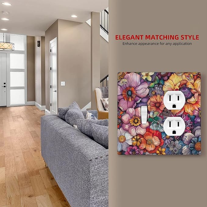 Wallplates Colorful Bohemian Flowers Vintage Boho Floral 1 Toggle 1 Duplex Switch Plate Electrical GFCI Faceplate Decorative Light Switch Covers for Bed Room living Room Decor