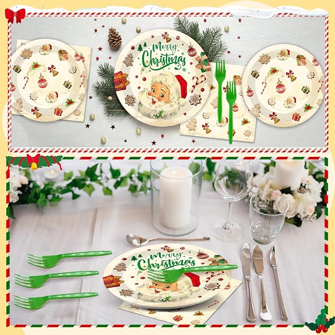 Qyeahkj 100 Pcs Christmas Xmas Party Paper Plates and Napkins, Vintage Holiday Party Supplies Birthday Party Tableware Set Table Decorations Favors with Forks for Girls Boys Kids Serve 25