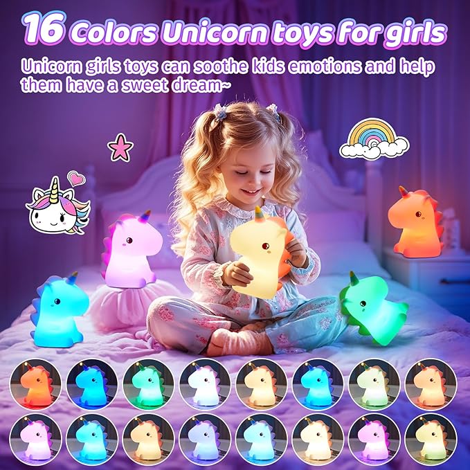 Unicorn Toys, Night Light for Kids Night Light,16 Colors+Silicone+Dimmable+12 Hours Use Nightlight for Kids Room,Unicorn Toys for Girls Age 4-6, Valentines Day Gifts for Kids, Baby, Toddlers, Adults