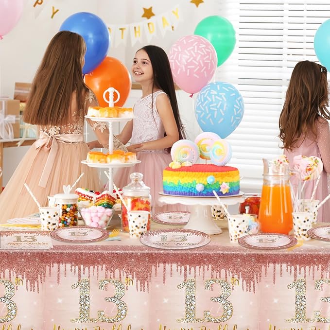 13th Birthday Party Decorations for Girls, Rose Gold Birthday Supplies Include 20Pcs Dinner Plates, 20Pcs Dessert Plates, 20Pieces Napkins and 2 Tablecloth, Sweet Thirteen Party Tableware