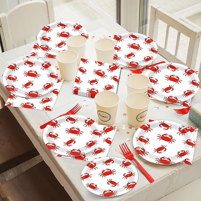 Qyeahkj 100 Pcs Crab Party Decoration Set - Paper Plate Napkin Fork Set for Summer Crab Dinnerware Tableware Supplies - Serves 25