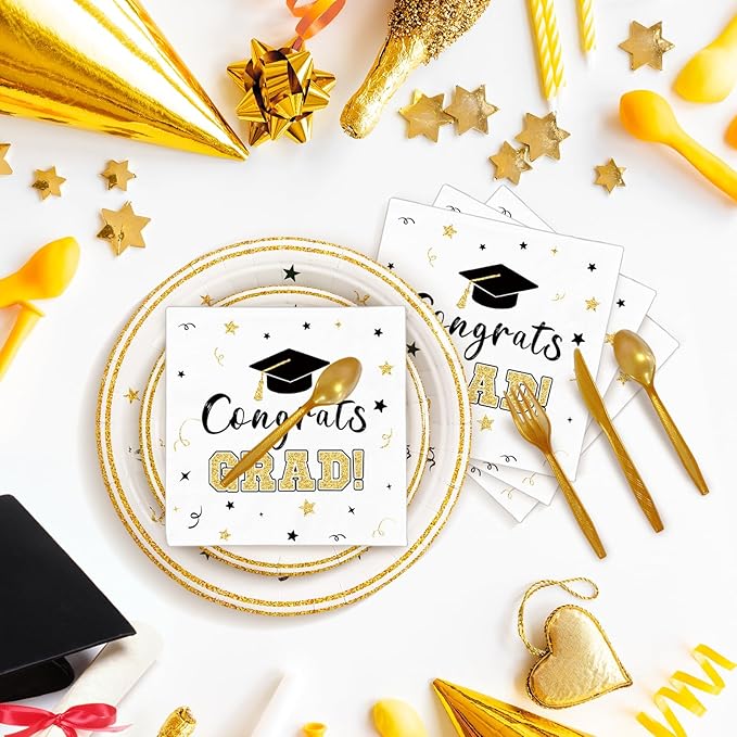175 Pcs Graduation Tableware Set Party Supplies - Serves 25, Congrats Grad Class of 2026 Disposable Plates, Cups, Napkins, Forks, Spoons, Knives for High School, College Graduation, Prom Decorations