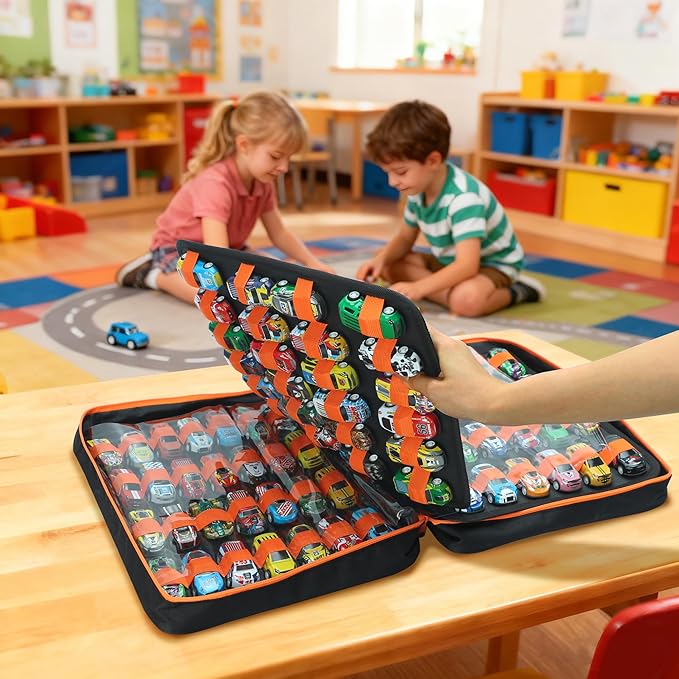 124 Slots Toy Cars Storage Case with Clear Window, Matchbox Cars Storage Holds 124 Diecast Cars, Matchbox Cars Organizer Compatible with Toy Cars, Portable Carrying Case with 5 PE Board Panels (Black)