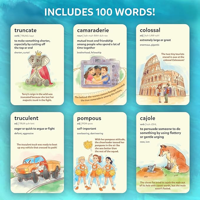 Skillmatics Vocabulary Flash Cards for Kids - Learn 100 Words with Wordplay, Visuals & Soundplay, Educational Gift for Ages 10, 11, 12, & Up, Screen-Free Language Game