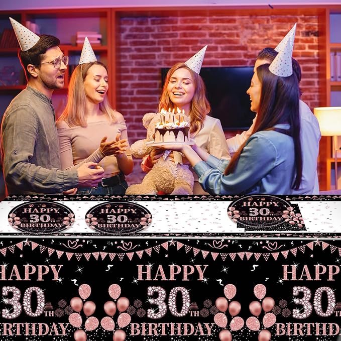 41pcs 30th Birthday Decorations for Her, 30th Birthday Decorations for Women, Rose Gold 30th Birthday Supplies for 20 Guest Happy 30th Birthday Party Tableware Includes Plates Napkins and Tablecloth