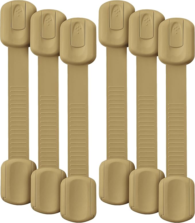 Bate- Child Safety Strap Locks, 6 Pack, Golden Beige, Baby Locks for Cabinets, Drawers, Kitchen, Toilet, Furniture, Fridge, Multi-Purpose, Easy Install with Quick 3M Adhesive for Childproofing